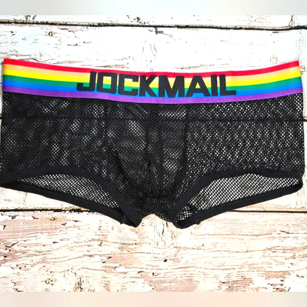 Jockmail Men's Black Mesh Boxer Briefs with Rainbow Waistband